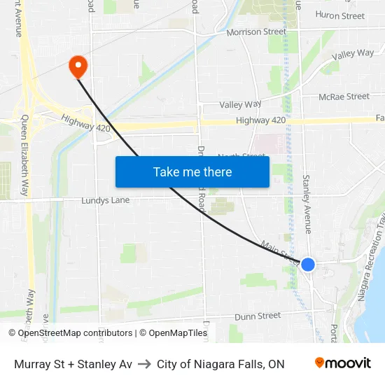 Murray St + Stanley Av to City of Niagara Falls, ON map