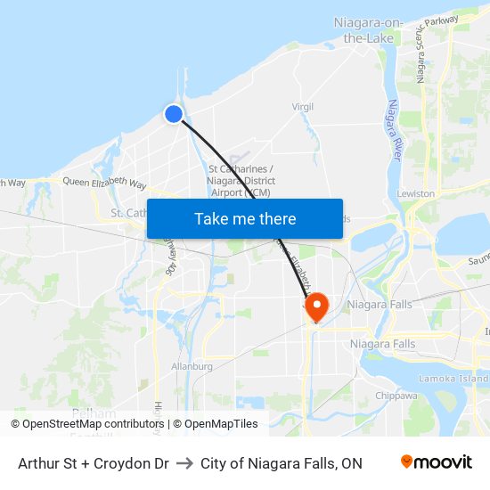 Arthur St + Croydon Dr to City of Niagara Falls, ON map