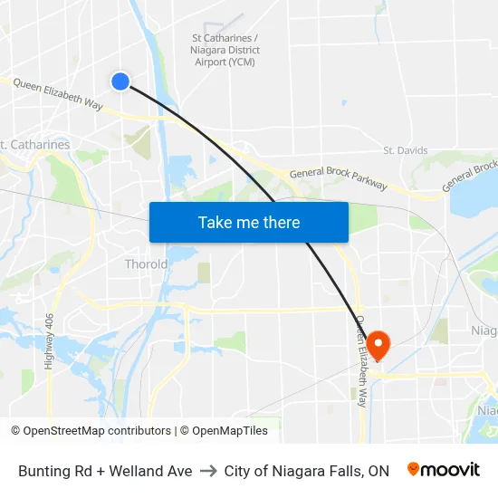 Bunting Rd + Welland Ave to City of Niagara Falls, ON map