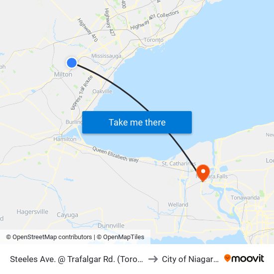 Steeles Ave. @ Trafalgar Rd. (Toronto Premium Outlets) to City of Niagara Falls, ON map
