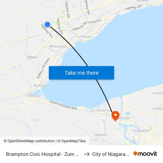 Brampton Civic Hospital - Zum Bovaird Stop Eb to City of Niagara Falls, ON map