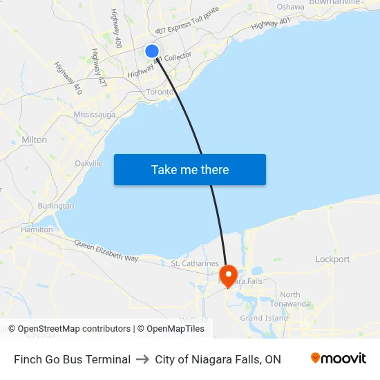 Finch Go Bus Terminal to City of Niagara Falls, ON map