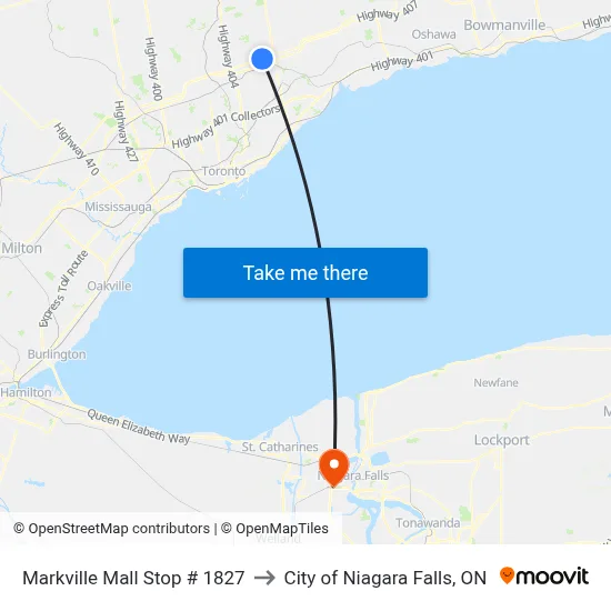 Markville Mall Stop # 1827 to City of Niagara Falls, ON map