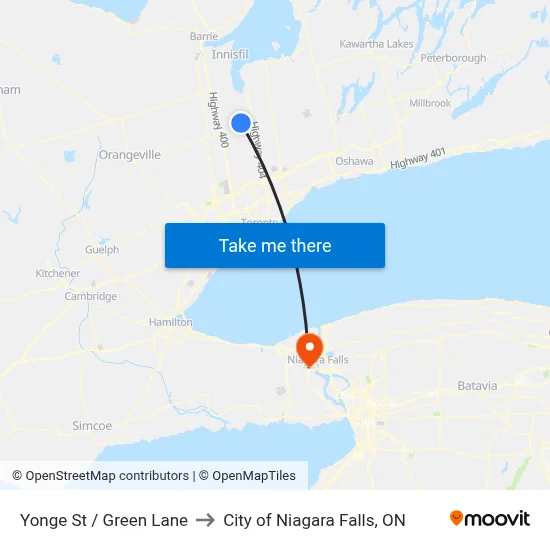 Yonge St / Green Lane to City of Niagara Falls, ON map