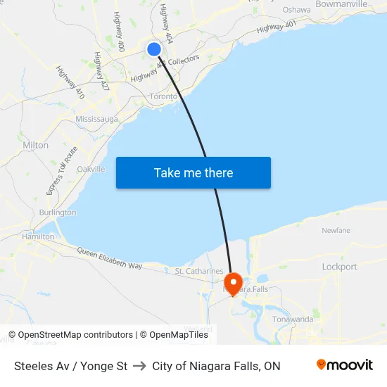 Steeles Av / Yonge St to City of Niagara Falls, ON map