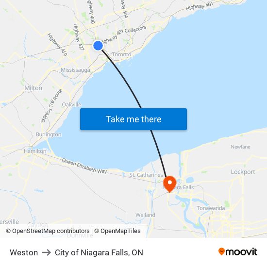 Weston to City of Niagara Falls, ON map