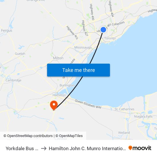 Yorkdale Bus Terminal to Hamilton John C. Munro International Airport (YHM) map