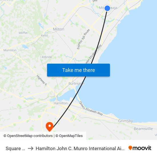 Square One to Hamilton John C. Munro International Airport (YHM) map