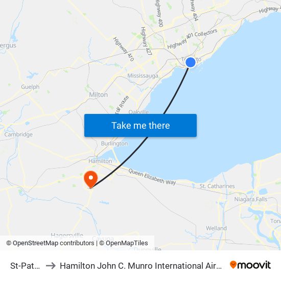 St-Patrick to Hamilton John C. Munro International Airport (YHM) map