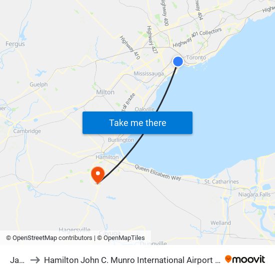 Jane to Hamilton John C. Munro International Airport (YHM) map