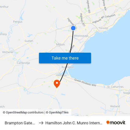 Brampton Gateway Terminal to Hamilton John C. Munro International Airport (YHM) map