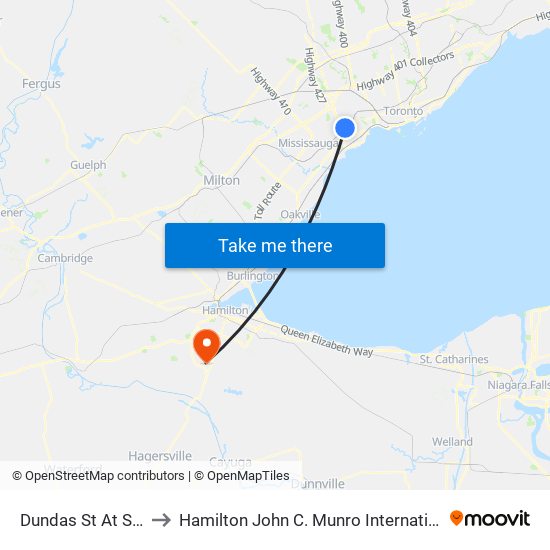 Dundas St At Shaver Ave to Hamilton John C. Munro International Airport (YHM) map