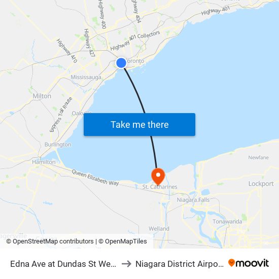 Edna Ave at Dundas St West to Niagara District Airport map