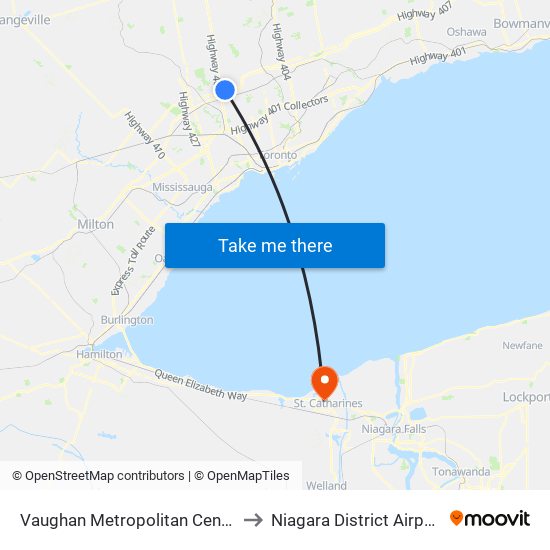 Vaughan Metropolitan Centre to Niagara District Airport map