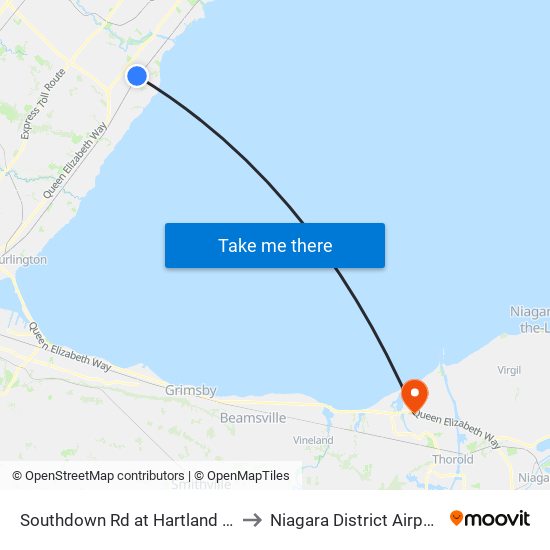 Southdown Rd at Hartland Dr to Niagara District Airport map