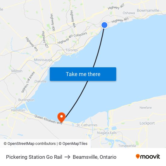Pickering Station Go Rail to Beamsville, Ontario map