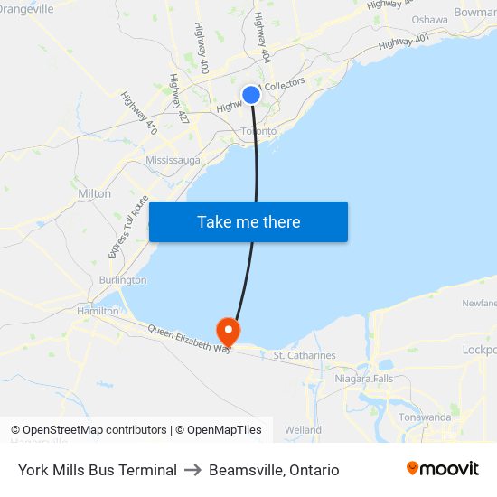 York Mills Bus Terminal to Beamsville, Ontario map