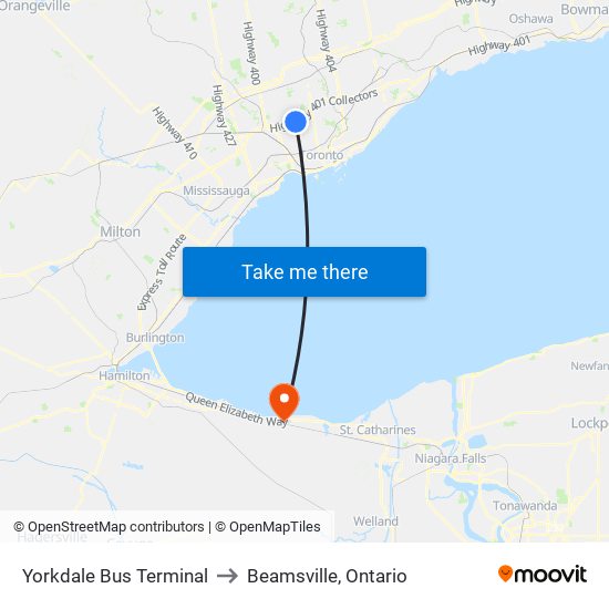 Yorkdale Bus Terminal to Beamsville, Ontario map