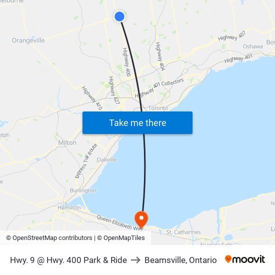Hwy. 9 @ Hwy. 400 Park & Ride to Beamsville, Ontario map