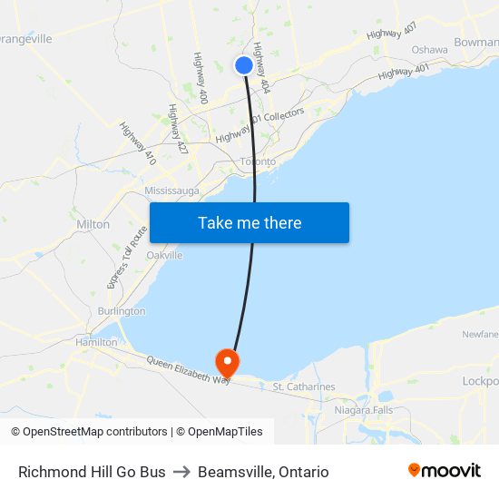 Richmond Hill Go Bus to Beamsville, Ontario map