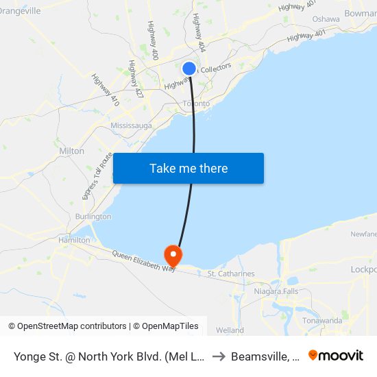 Yonge St. @ North York Blvd. (Mel Lastman Square) to Beamsville, Ontario map