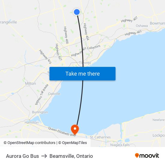 Aurora Go Bus to Beamsville, Ontario map