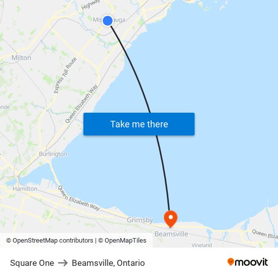 Square One to Beamsville, Ontario map
