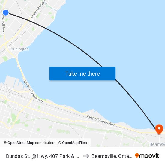 Dundas St. @ Hwy. 407 Park & Ride to Beamsville, Ontario map