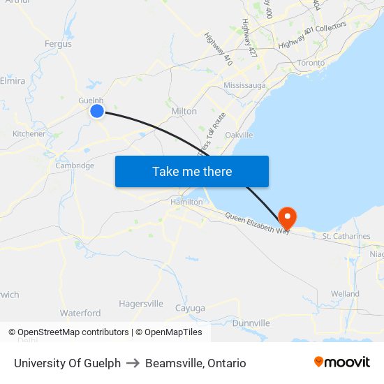 University Of Guelph to Beamsville, Ontario map