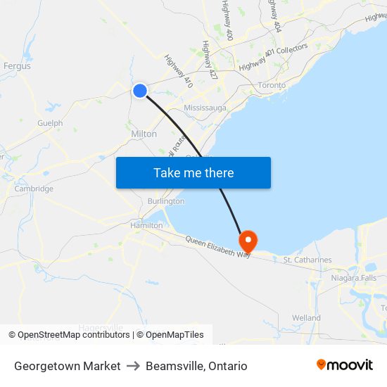 Georgetown Market to Beamsville, Ontario map