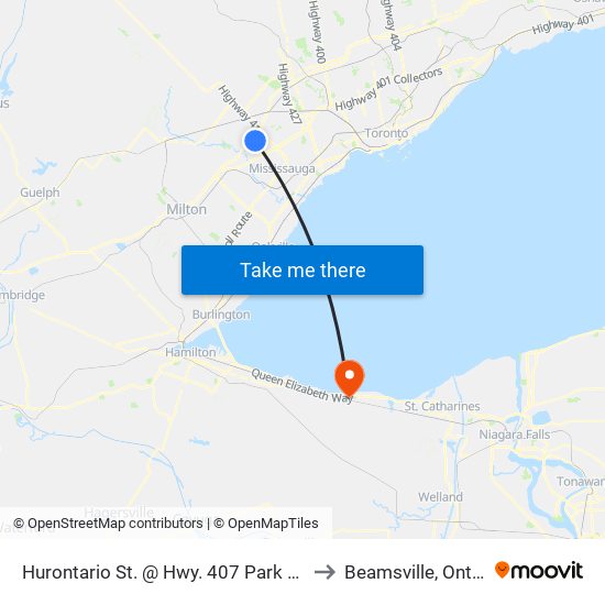 Hurontario St. @ Hwy. 407 Park & Ride to Beamsville, Ontario map