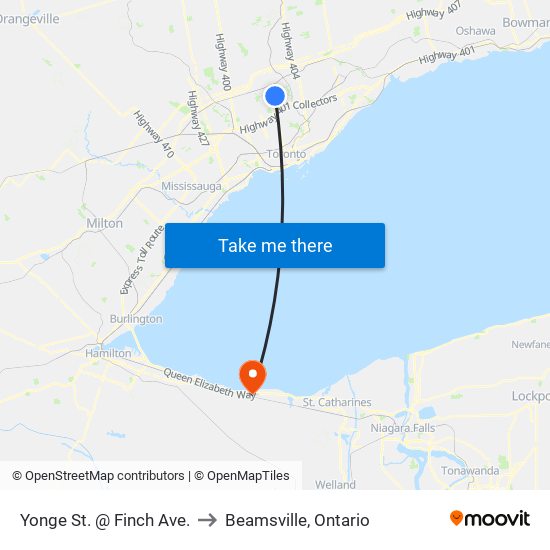 Yonge St. @ Finch Ave. to Beamsville, Ontario map