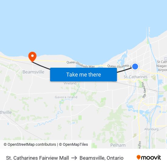 St. Catharines Fairview Mall to Beamsville, Ontario map