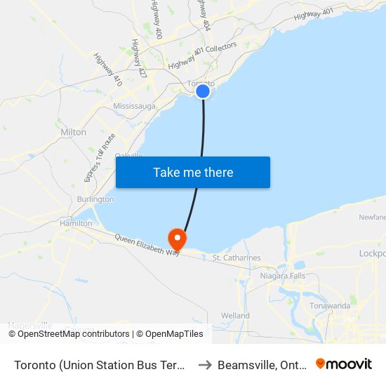 Toronto (Union Station Bus Terminal) to Beamsville, Ontario map