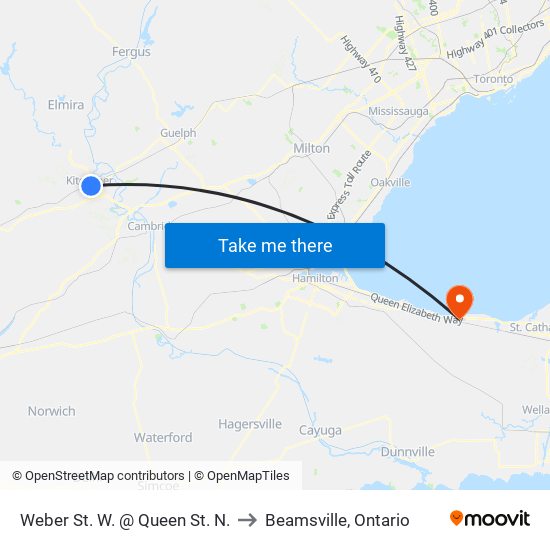 Weber St. W. @ Queen St. N. to Beamsville, Ontario map