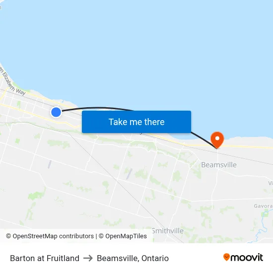 Barton at Fruitland to Beamsville, Ontario map