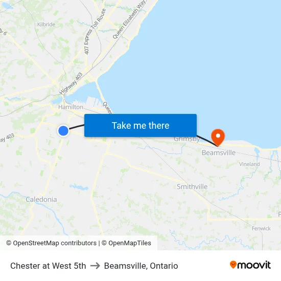 Chester at West 5th to Beamsville, Ontario map