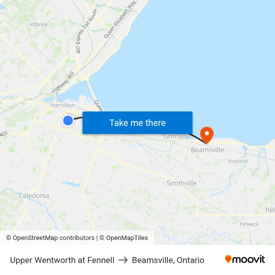 Upper Wentworth at Fennell to Beamsville, Ontario map