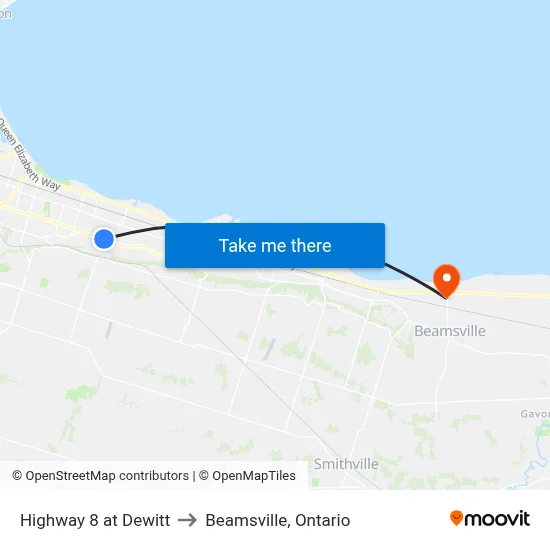 Highway 8 at Dewitt to Beamsville, Ontario map