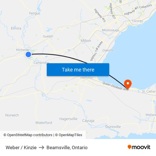 Weber / Kinzie to Beamsville, Ontario map