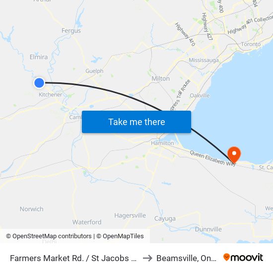 Farmers Market Rd. / St Jacobs Market to Beamsville, Ontario map