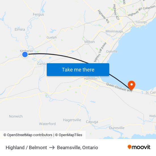 Highland / Belmont to Beamsville, Ontario map