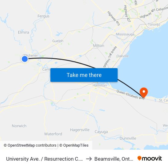 University Ave. / Resurrection C. S. S. to Beamsville, Ontario map