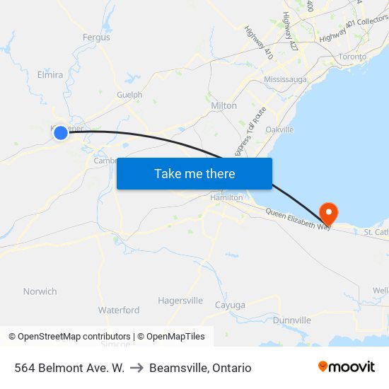 564 Belmont Ave. W. to Beamsville, Ontario map