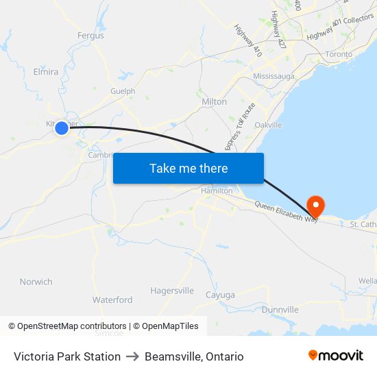 Victoria Park Station to Beamsville, Ontario map