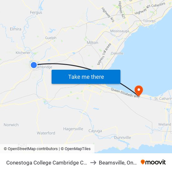 Conestoga College Cambridge Campus to Beamsville, Ontario map