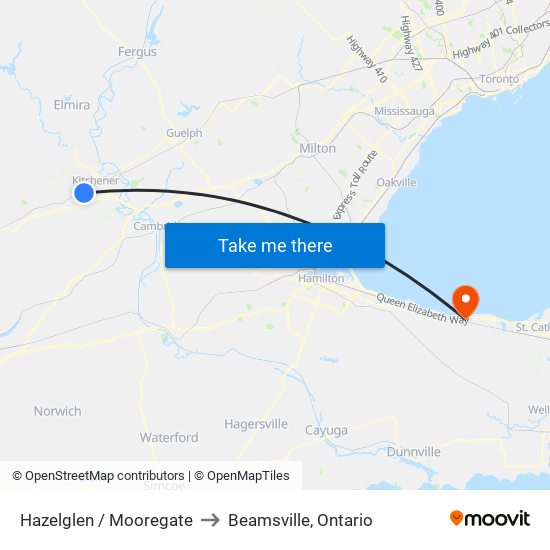 Hazelglen / Mooregate to Beamsville, Ontario map