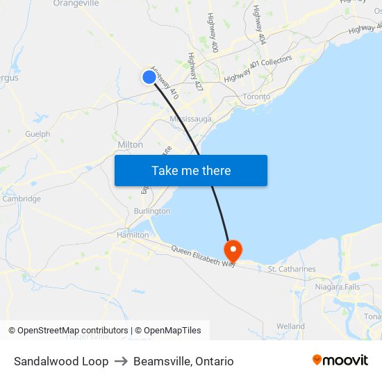 Sandalwood Loop to Beamsville, Ontario map