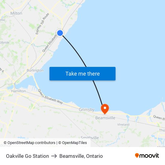 Oakville Go Station to Beamsville, Ontario map