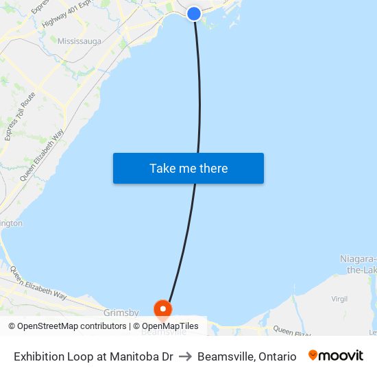 Exhibition Loop at Manitoba Dr to Beamsville, Ontario map